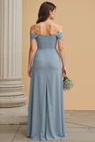 Dusty Blue A Line Off The Shoulder Bridesmaid Dress with Slit