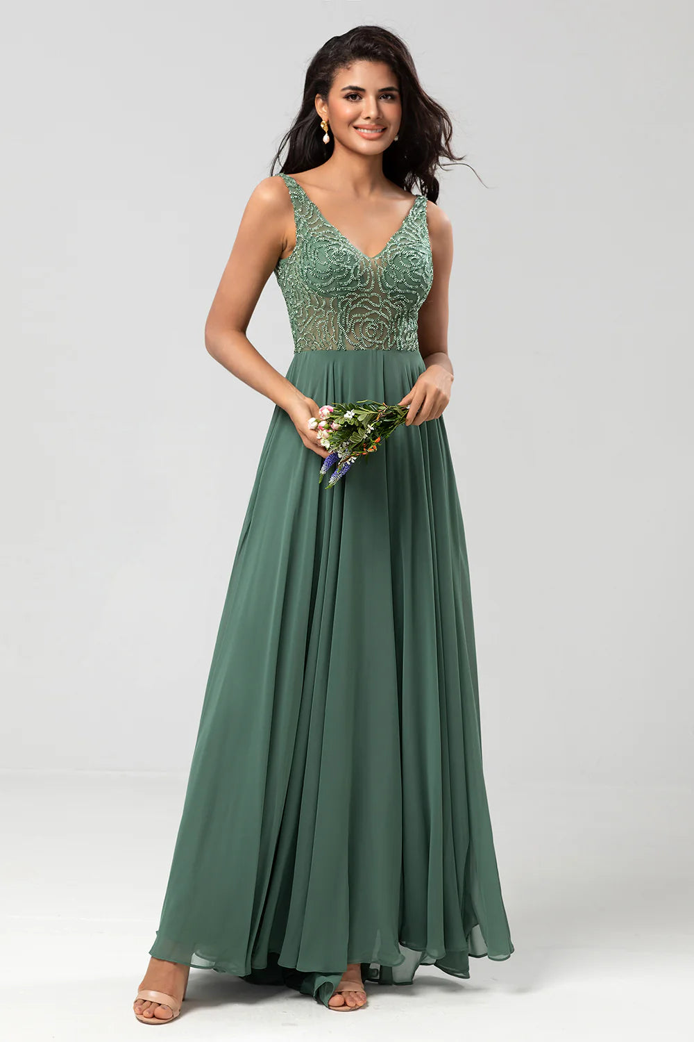 A Line Beaded Eucalyptus Long Bridesmaid Dress