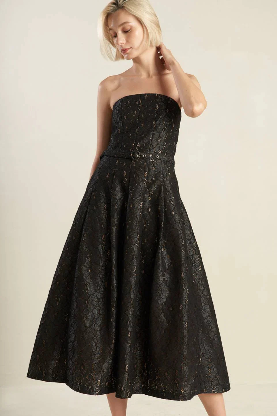 THE TRUTH IS STRAPLESS BLACK LACE MIDI DRESS FINAL SALE