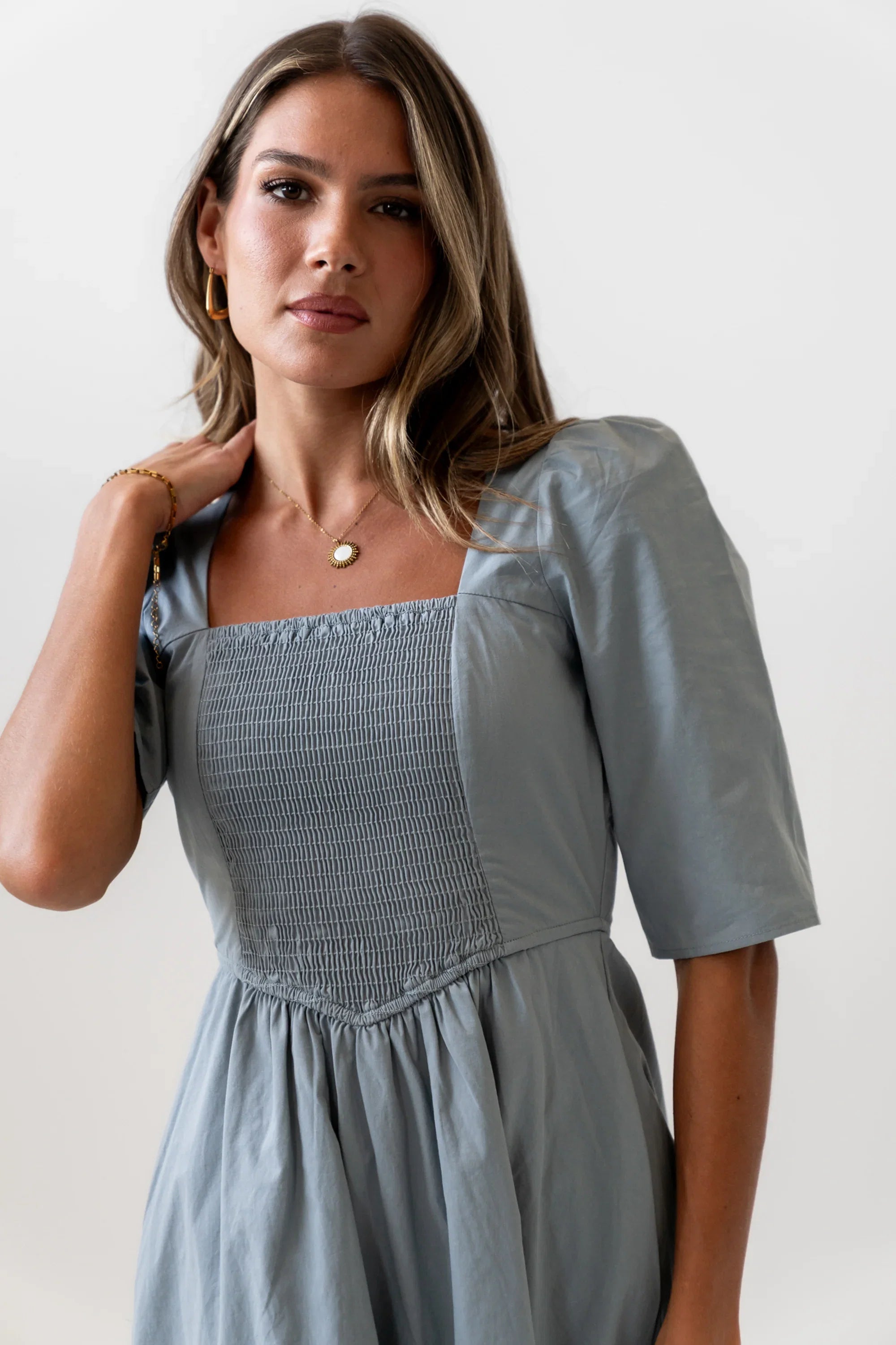 Paisley Smocked Midi Dress in Slate Blue FINAL SALE