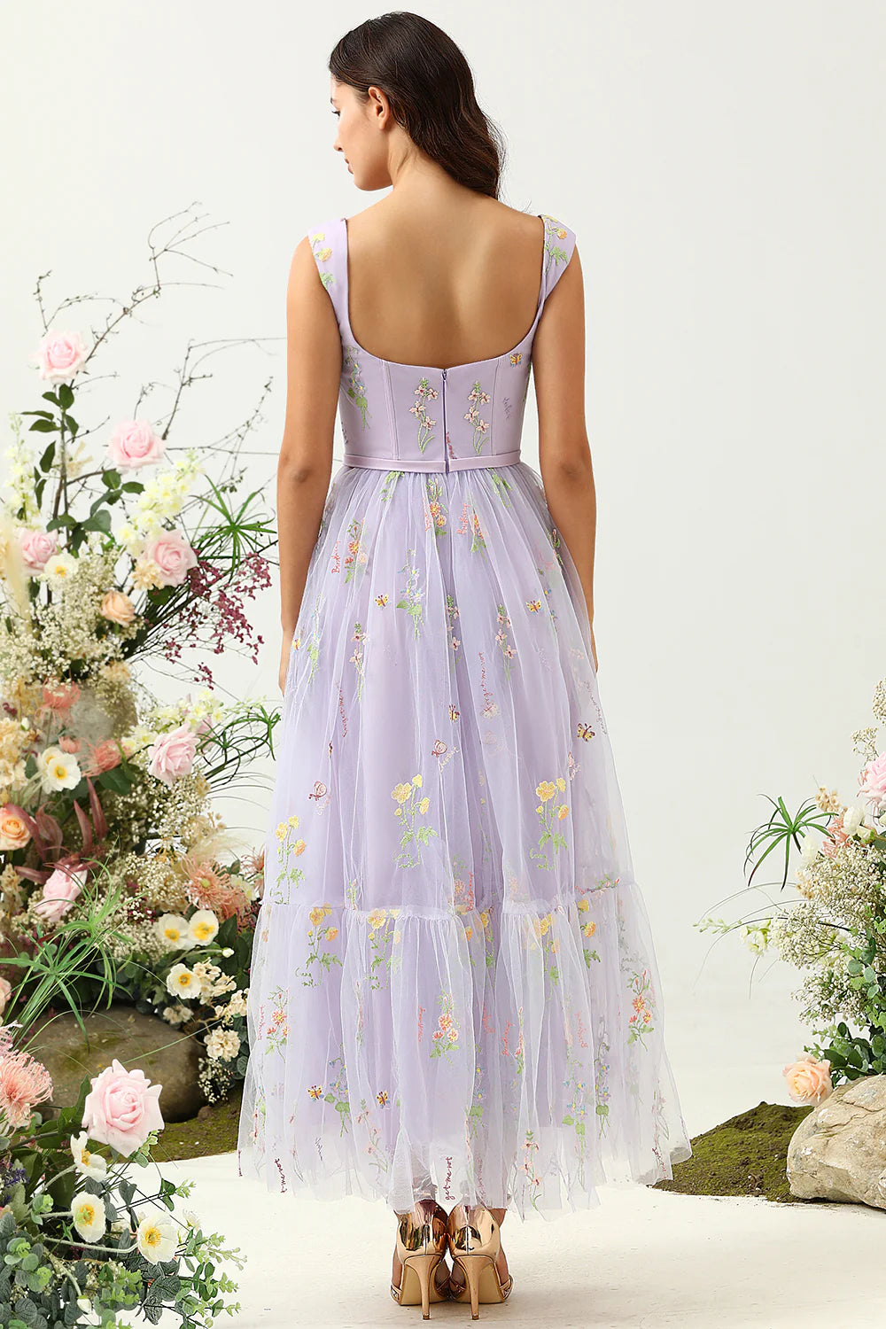 Black A Line Sweetheart Tea Length Wedding Party Dress with Embroidery