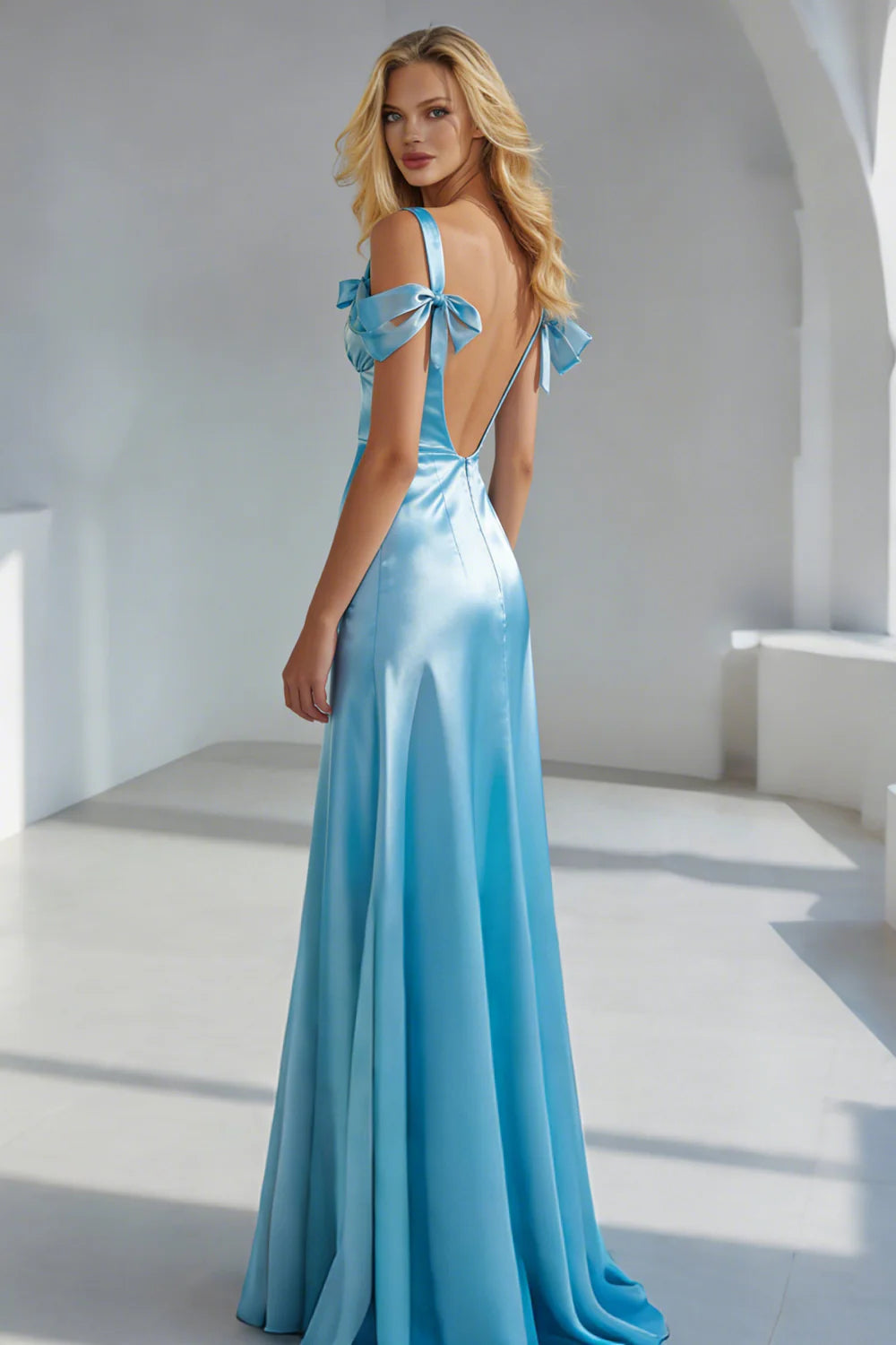 Sky Blue Mermaid Satin Backless Long Formal Dress with Bows