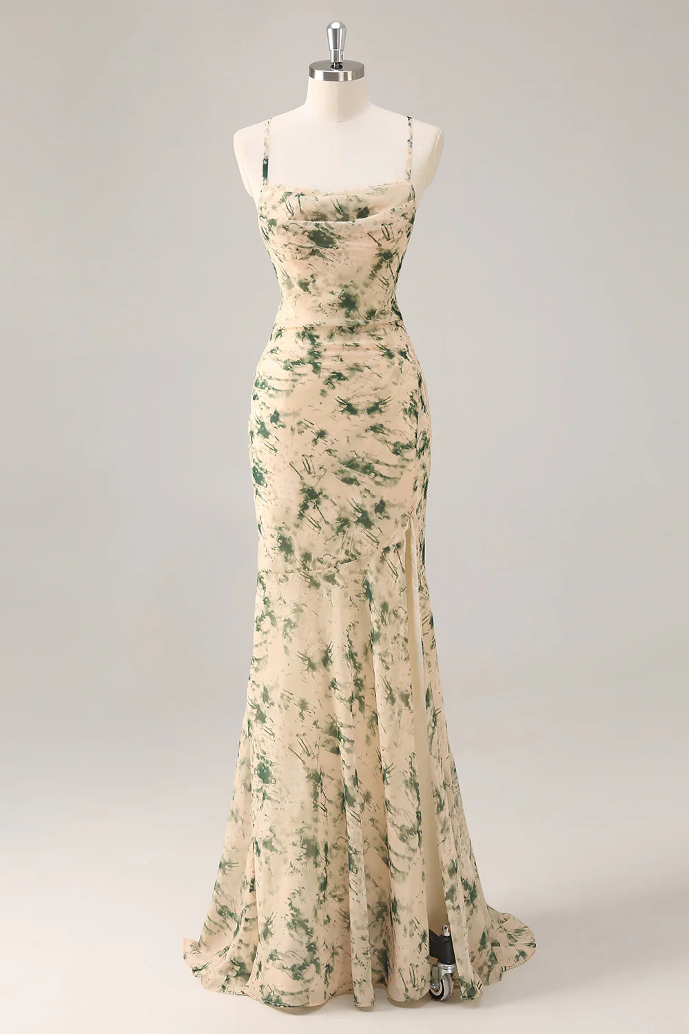 Champagne Sheath Backless Print Floral Long Bridesmaid Dress with Slit