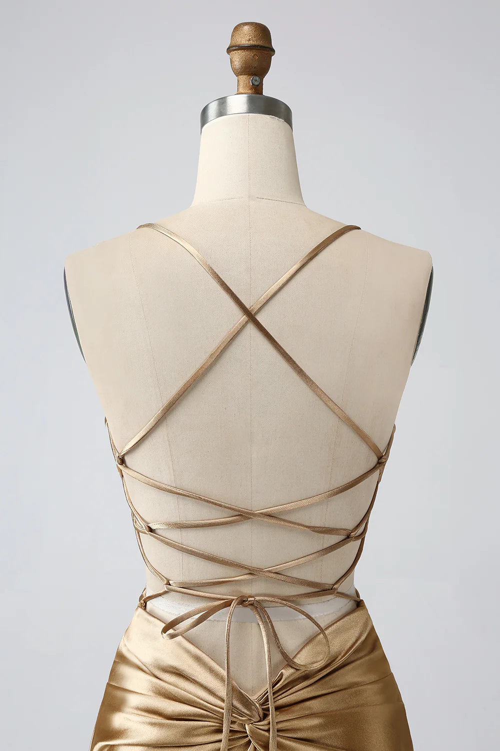 Golden Bodycon Spaghetti Straps Lace up Back Short Homecoming Dress