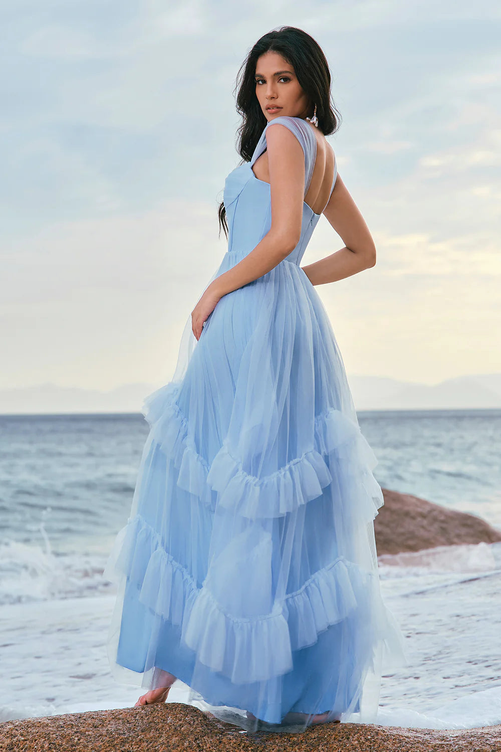Grey Blue A Line Ruched Corset Long Bridesmaid Dress with Ruffles