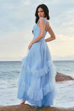 Grey Blue A Line Ruched Corset Long Bridesmaid Dress with Ruffles