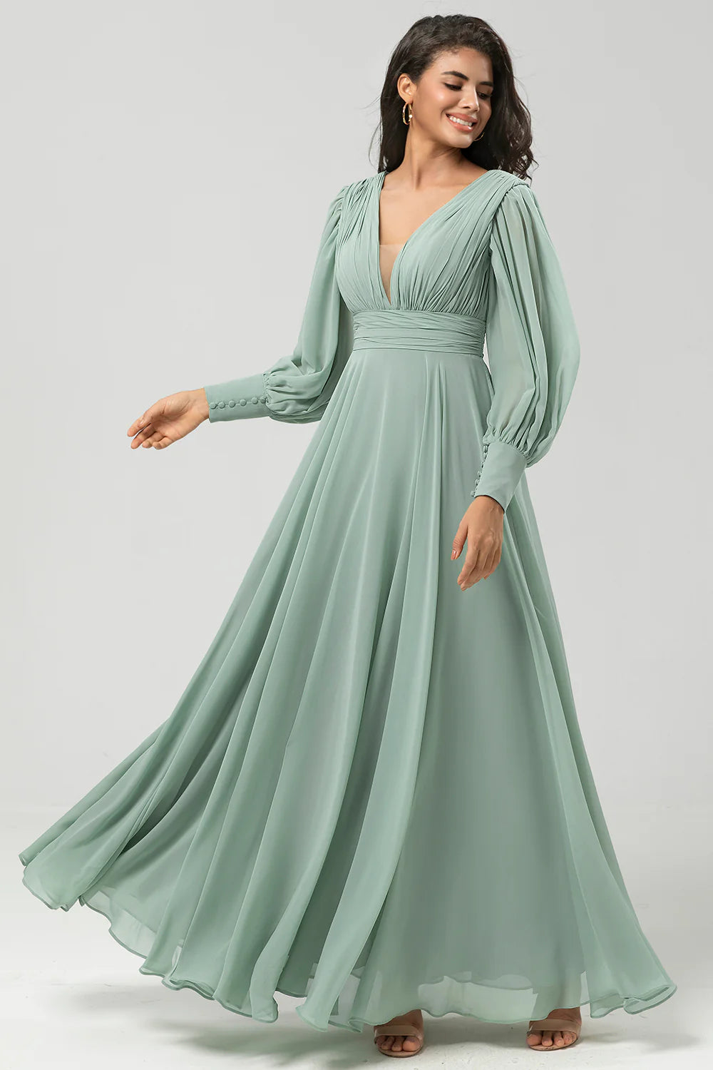 Matcha A Line Detachable Chiffon Bridesmaid Dress With Long Sleeves
