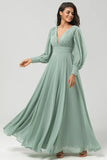 Matcha A Line Detachable Chiffon Bridesmaid Dress With Long Sleeves