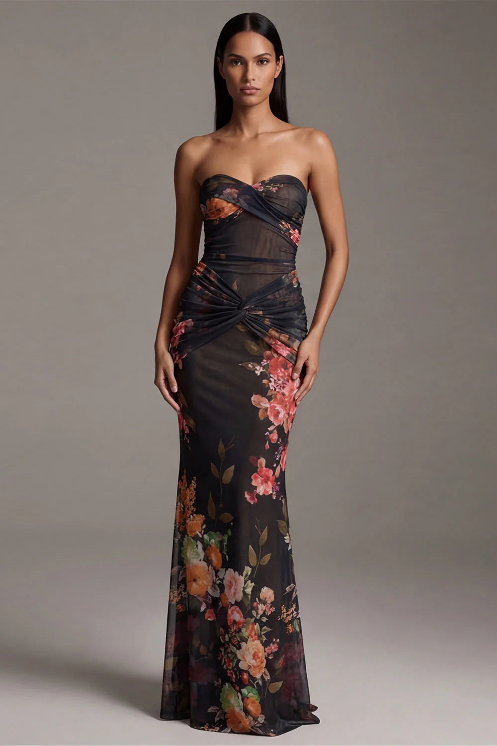 Strapless Floral Ruched Mermaid Black Formal Dress