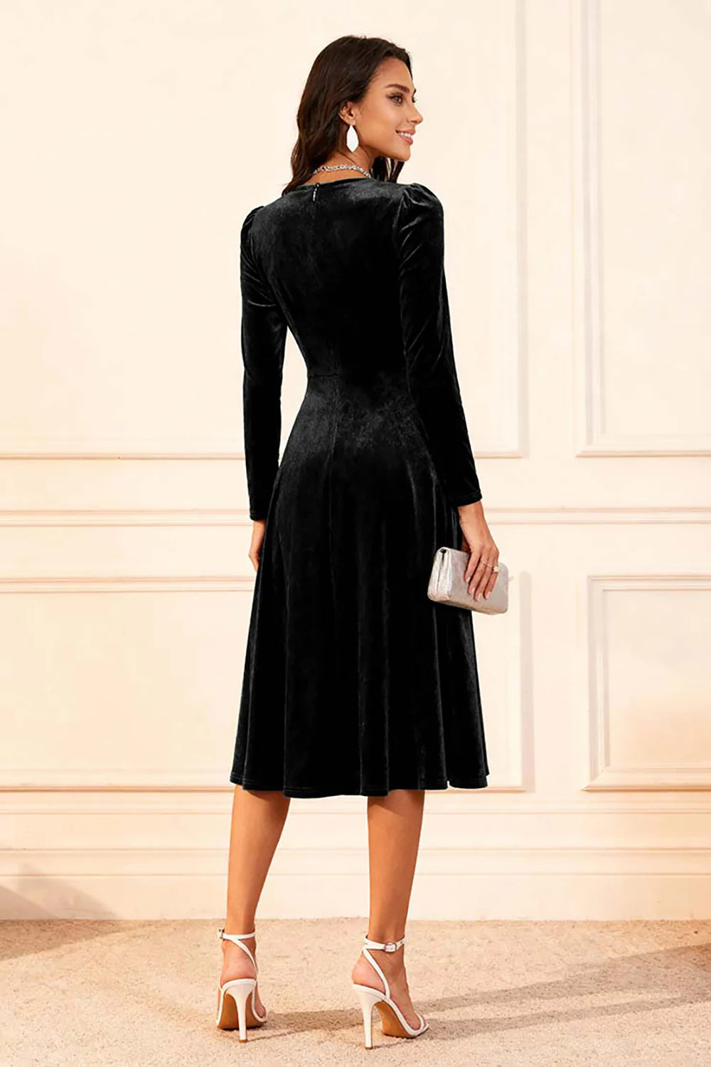 Dark Green A Line Velvet Long Sleeves Holiday Party Dress