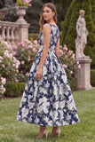 Navy Floral A Line Midi Wedding Guest Dress with Bow
