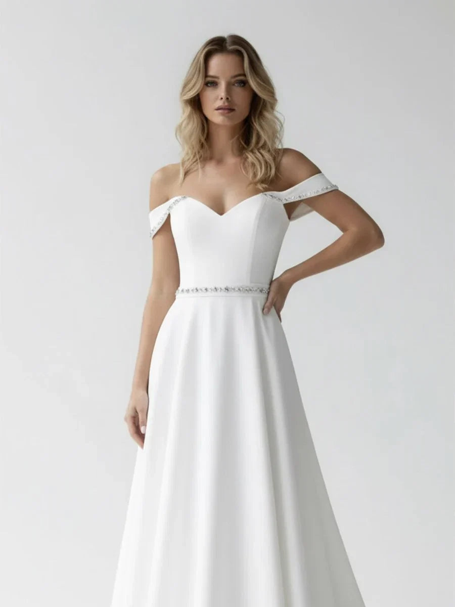 A Line Off the Shoulder Beaded Wedding Dress