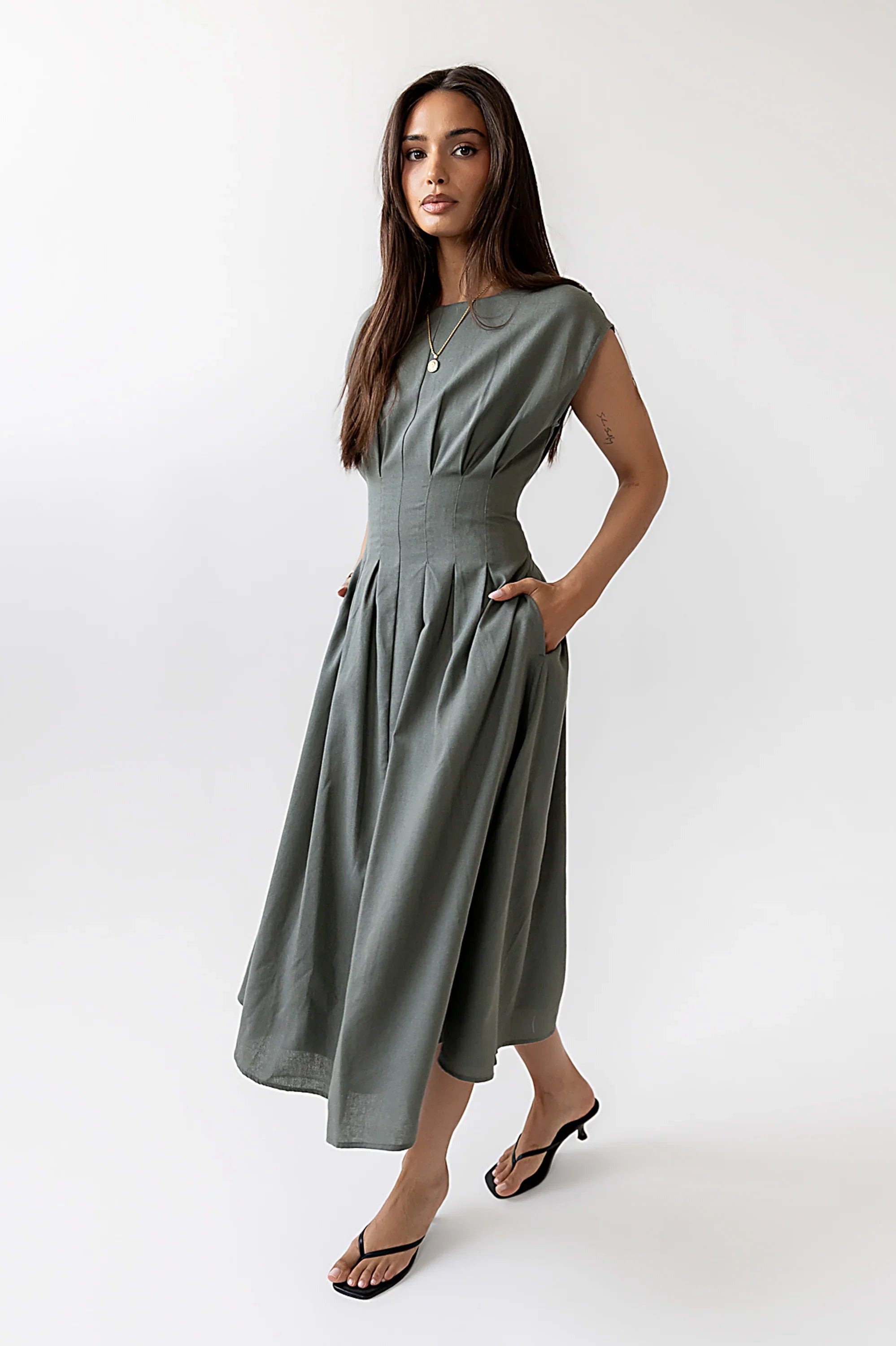Matilda Pleated Maxi Dress in Olive