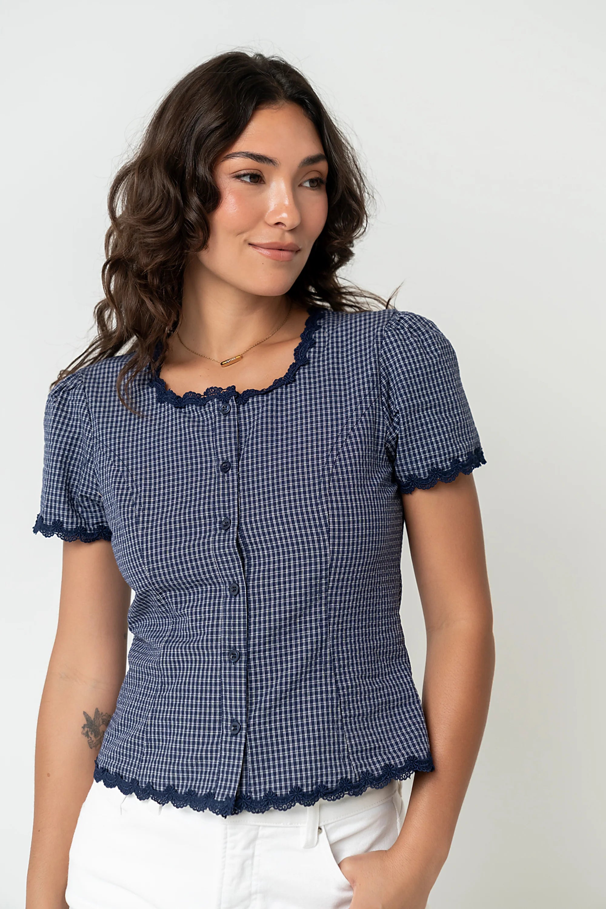 Serra Lace Trim Blouse in Navy