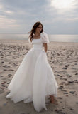 Charming A Line Square Neck Short Sleeves Wedding Dresses with Train