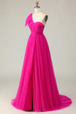 Fuchsia A Line One Shoulder Sheer Corset Tulle Long Prom Dress with Slit