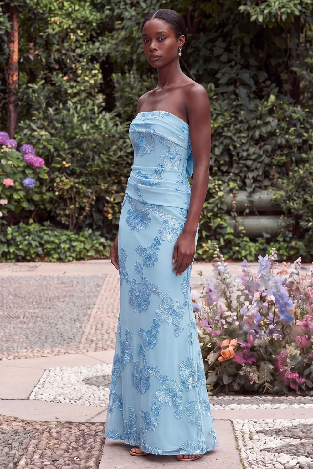 Strapless Blue Mermaid Floral Embroidery Wedding Guest Dress