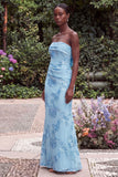 Strapless Blue Mermaid Floral Embroidery Wedding Guest Dress