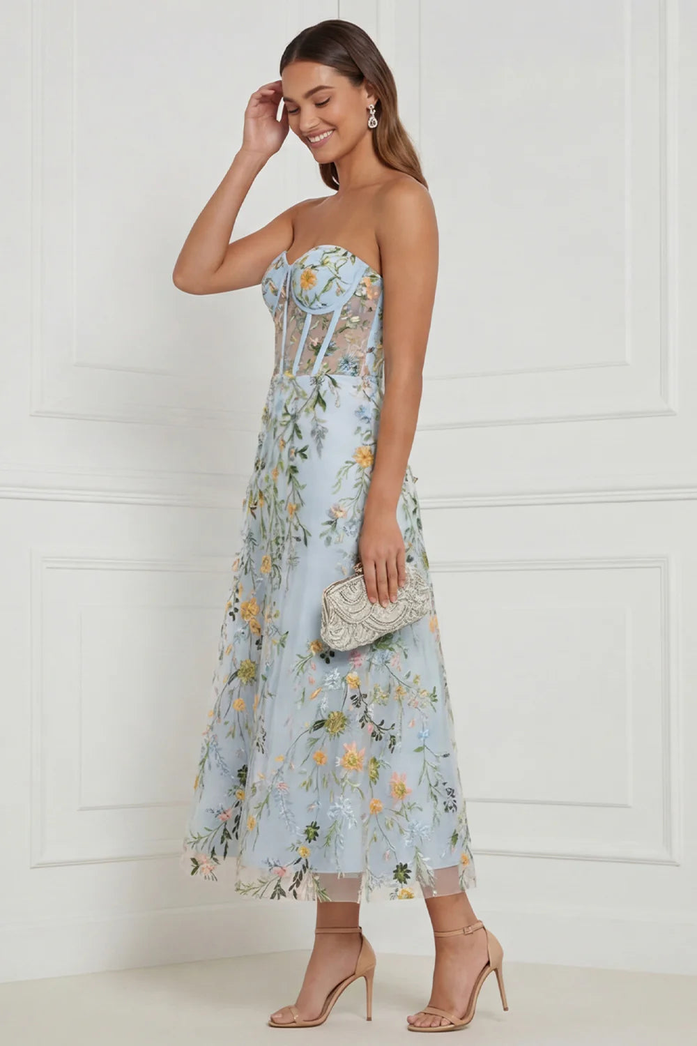 Floral Blue Strapless A Line Corset Midi Wedding Guest Dress