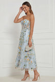 Floral Blue Strapless A Line Corset Midi Wedding Guest Dress