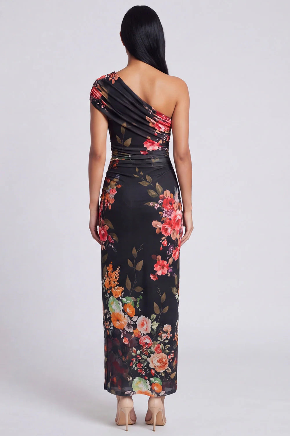 Black One Shoulder Sheath Floral Wedding Guest Dress with Slit