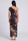 Black One Shoulder Sheath Floral Wedding Guest Dress with Slit