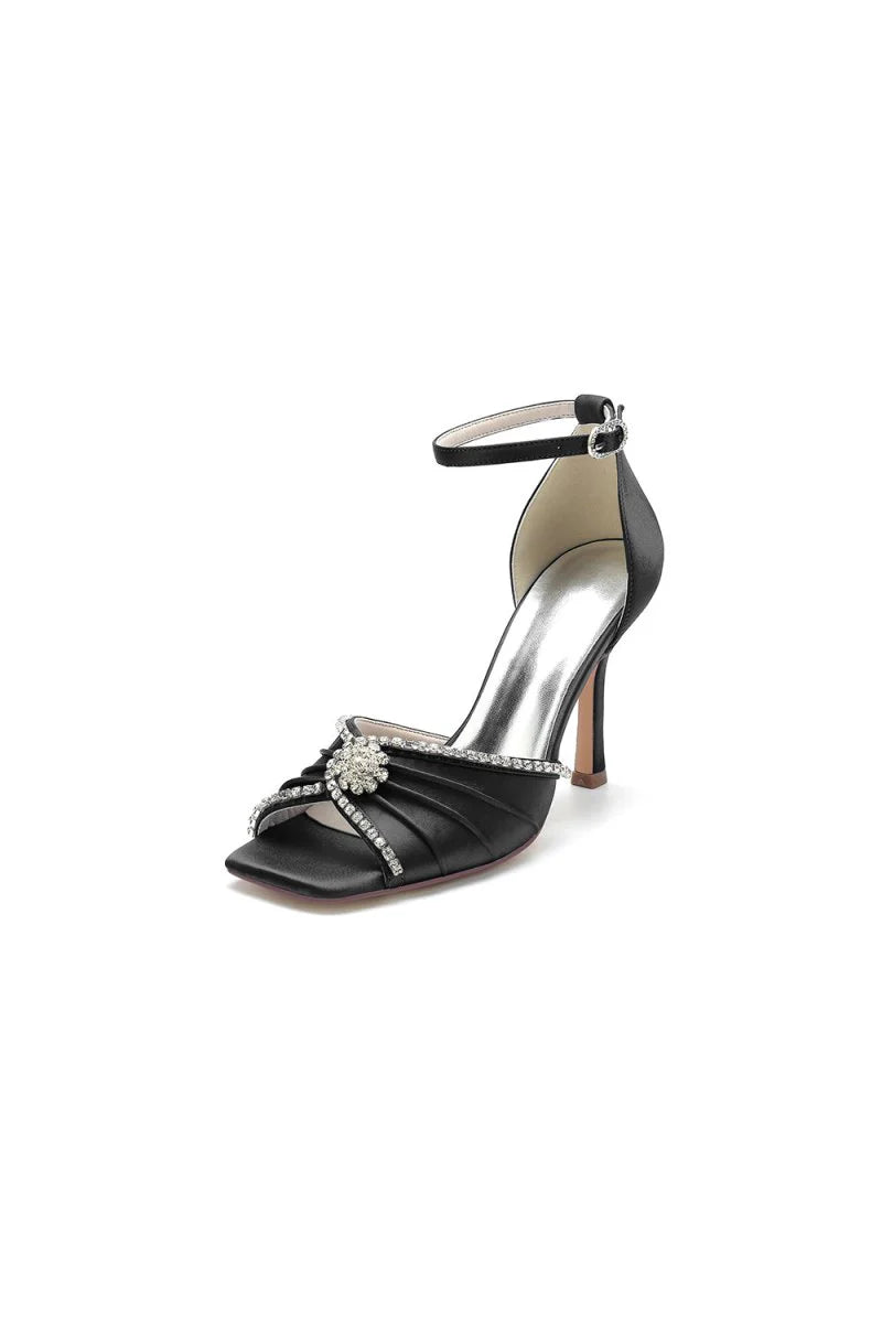 Satin Square OpenToe Stiletto Heels With Rhinestone