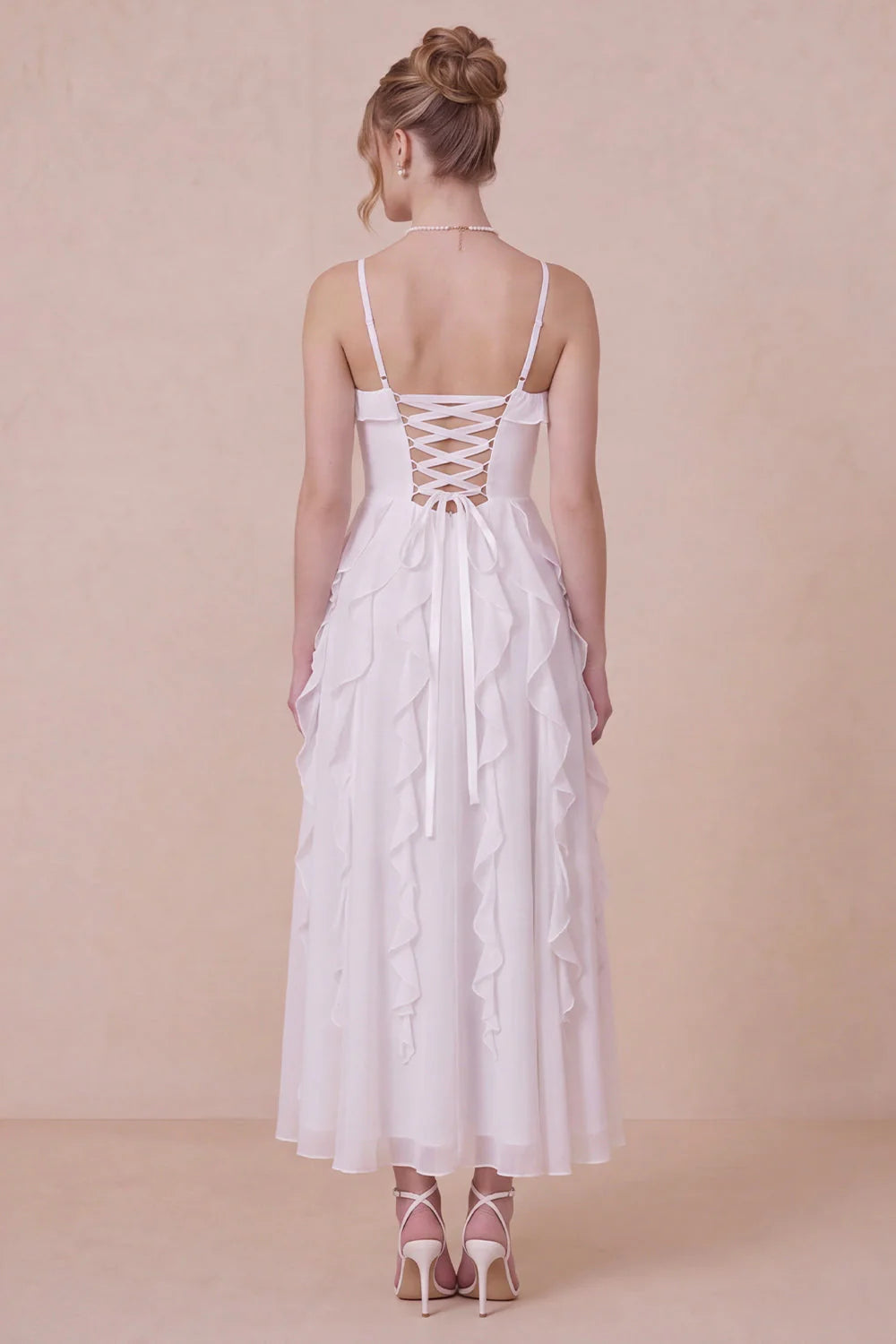 White Ruffled Spaghetti Straps A Line Midi Dress with Lace up Back
