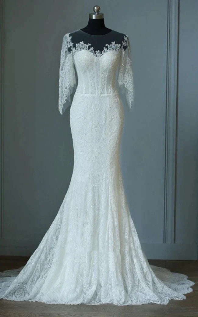 Mermaid Sweep Train Half Sleeve Bell Zipper Keyhole Lace Dress
