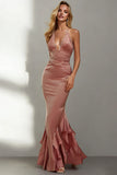 Dusty Rose Mermaid Lace Long Formal Dress with Ruffles