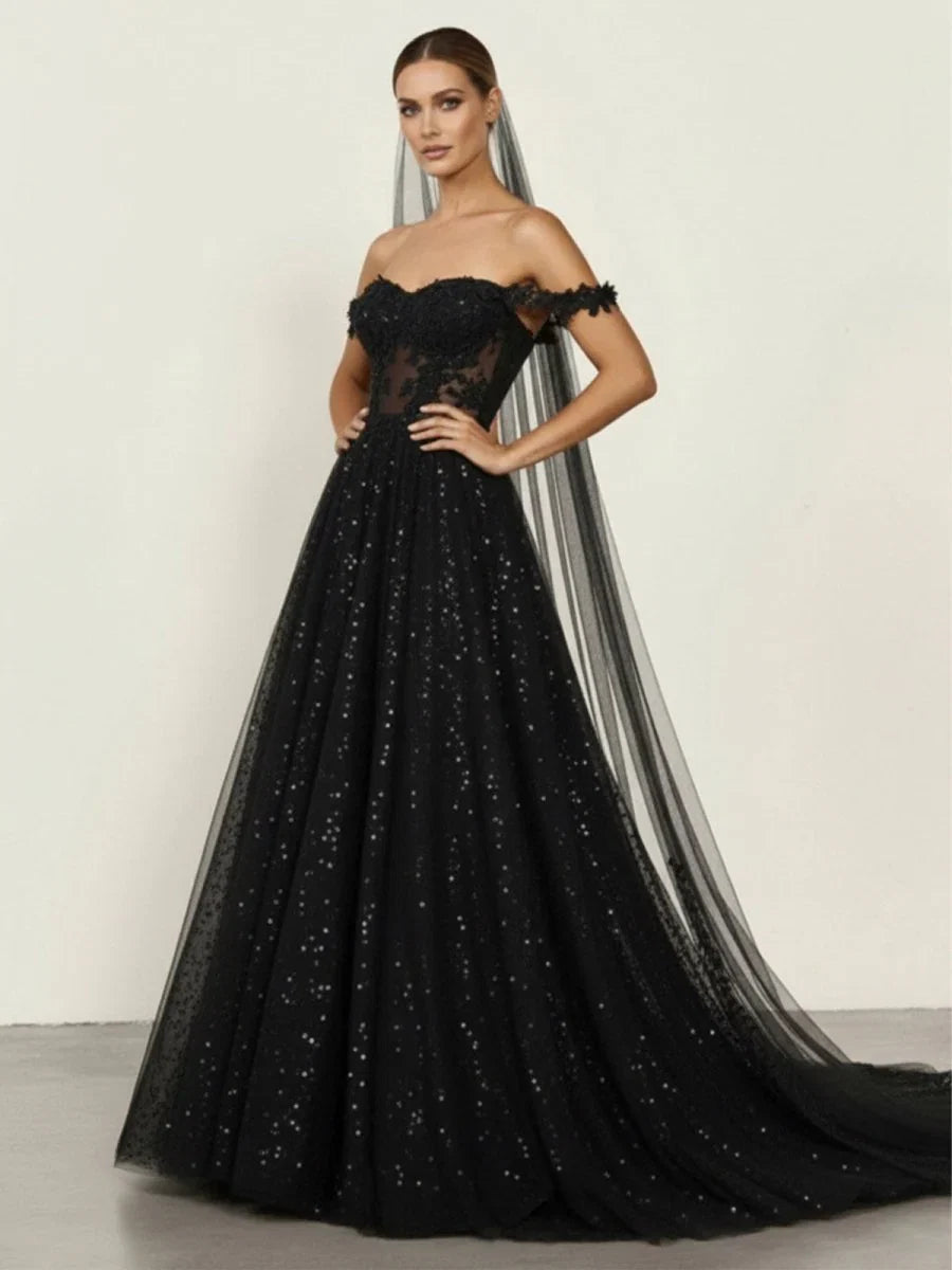 A Line Black Gothic Wedding Dresses with Sequin Lace Appliques