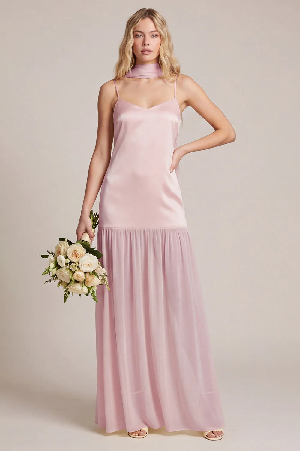Daffodil Satin Spaghetti Straps Bridesmaid Dress with Scraf