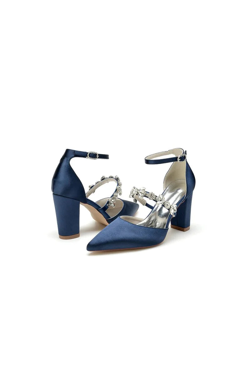 Satin Pointed Toe Rhinestone Strappy Chunky Heels