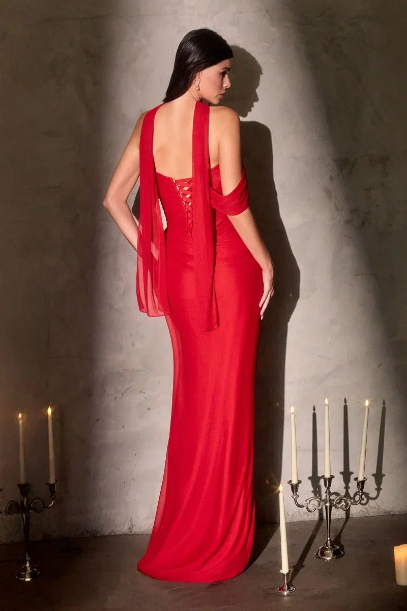 Indira Gown Pleated Chiffon Dress with Scarf