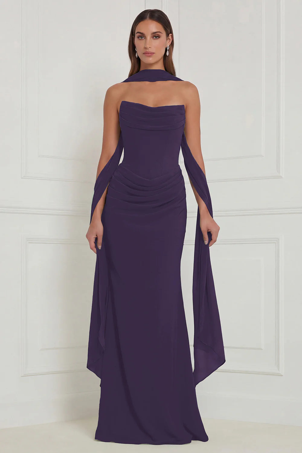 Strapless Ruched Sage Bridesmaid Dress with Scarf
