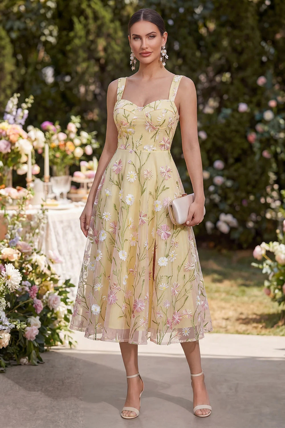 Floral A Line Light Yellow Midi Wedding Guest Dress