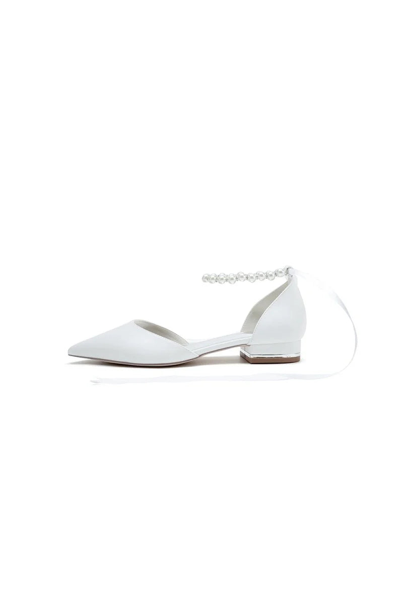 Pointed Toe Ankle Strap Pearl Beaded Ivory Ribbons Low Heels
