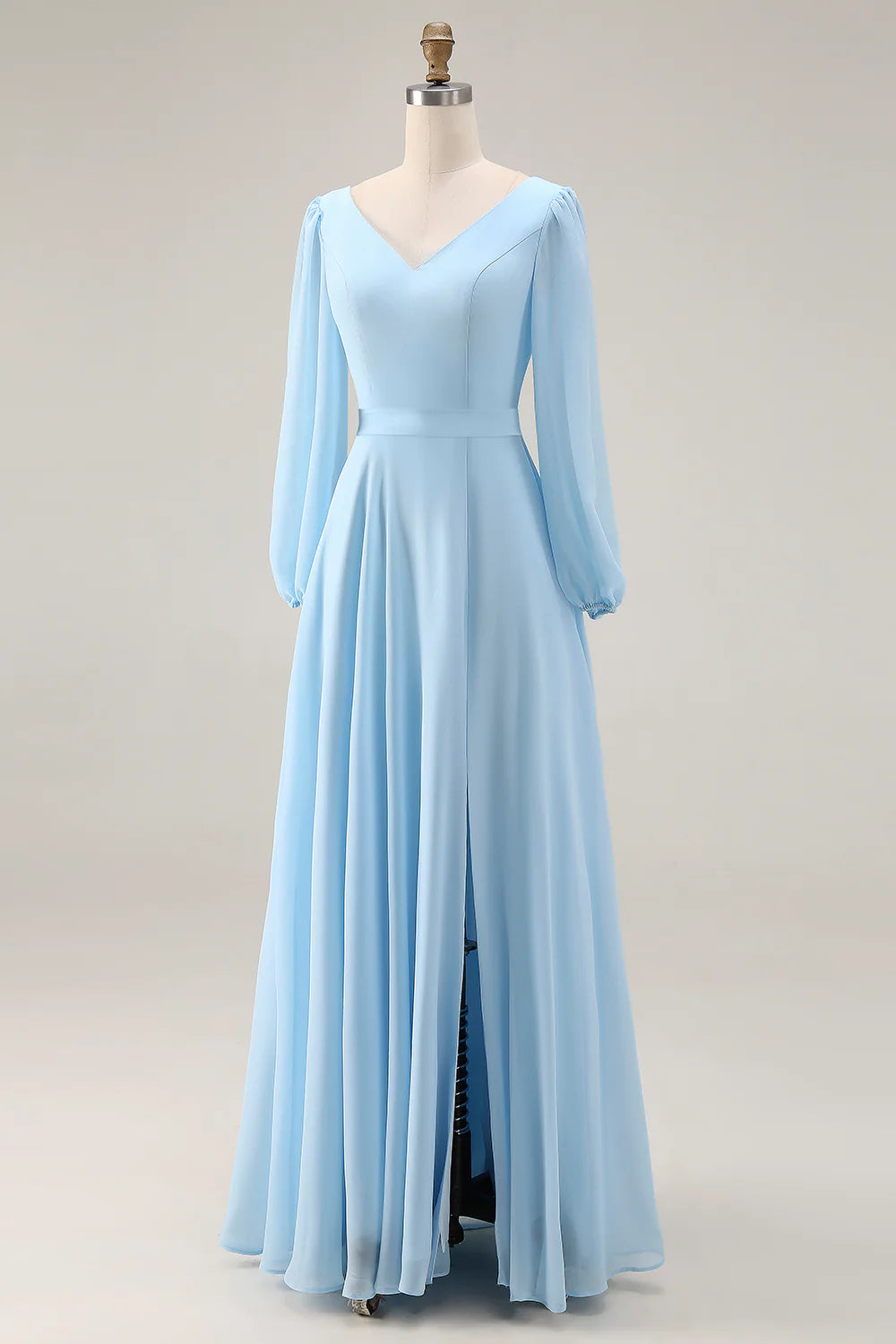 Sky Blue A Line V Neck Chiffon Long Sleeve Bridesmaid Dress