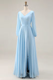 Sky Blue A Line V Neck Chiffon Long Sleeve Bridesmaid Dress