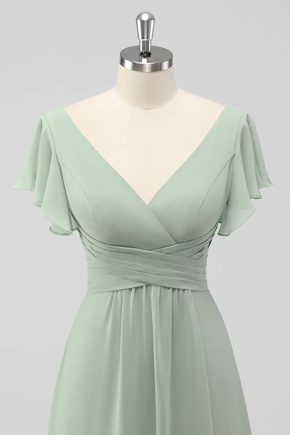 Sage Green A Line V Neck Chiffon Long Bridesmaid Dress with Slit