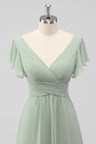 Sage Green A Line V Neck Chiffon Long Bridesmaid Dress with Slit
