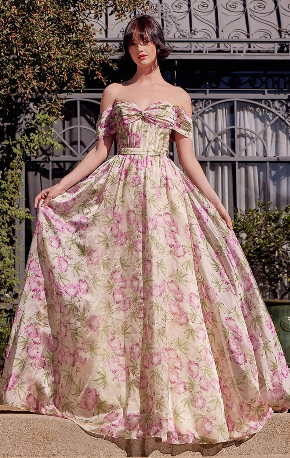 A1466 FLORAL PRINTED OFF THE SHOULDER A LINE DRESS Andrea Leo