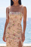 Champagne Sequin Floral Sheath Wedding Guest Dress with Slit