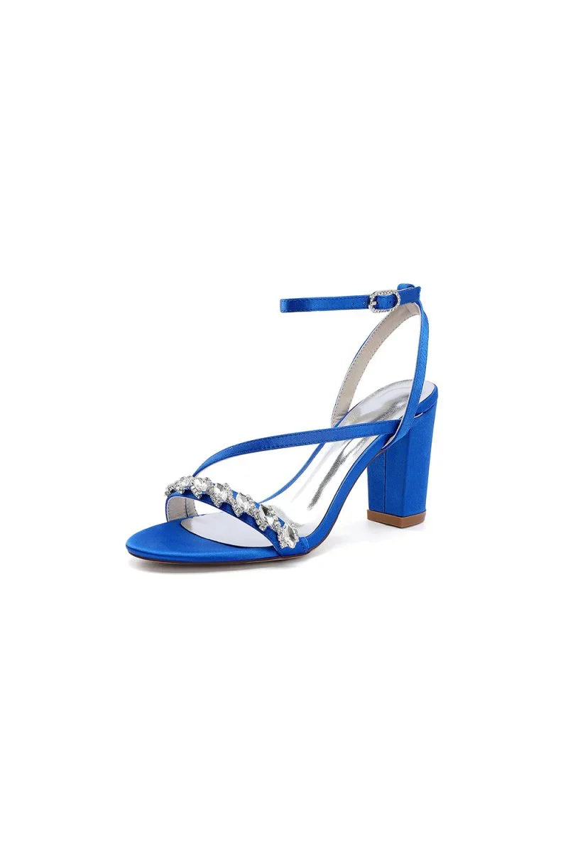Open Toe Ankle Strap Satin Chunky Heels With Rhinestone