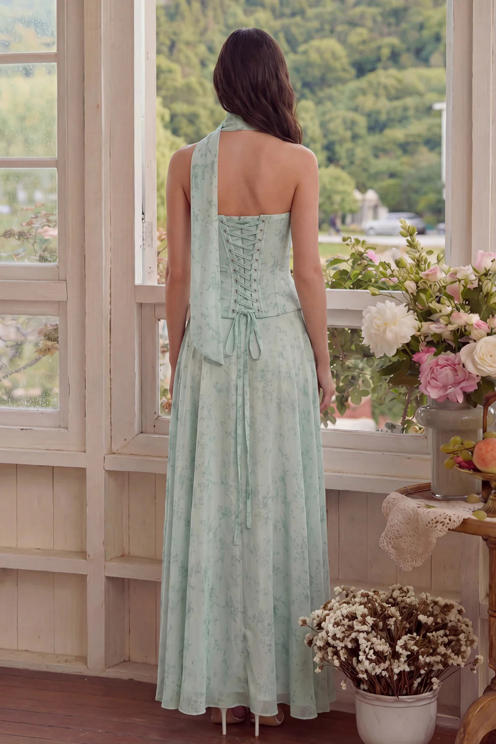 3 Piece Strapless Corset Dusty Sage Floral Wedding Guest Dress