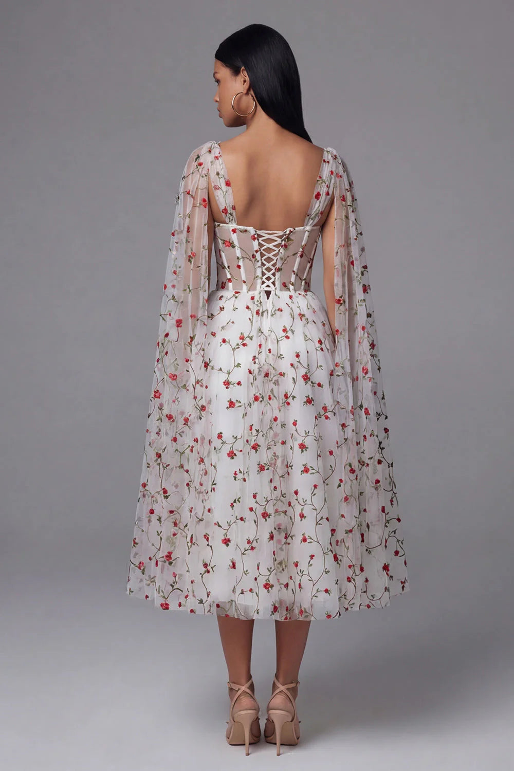Ivory Floral Corset A Line Midi Wedding Guest Dress with Streamer