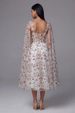 Ivory Floral Corset A Line Midi Wedding Guest Dress with Streamer