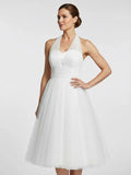 Halter A Line Tea Length Tulle Wedding Dress With Ruching