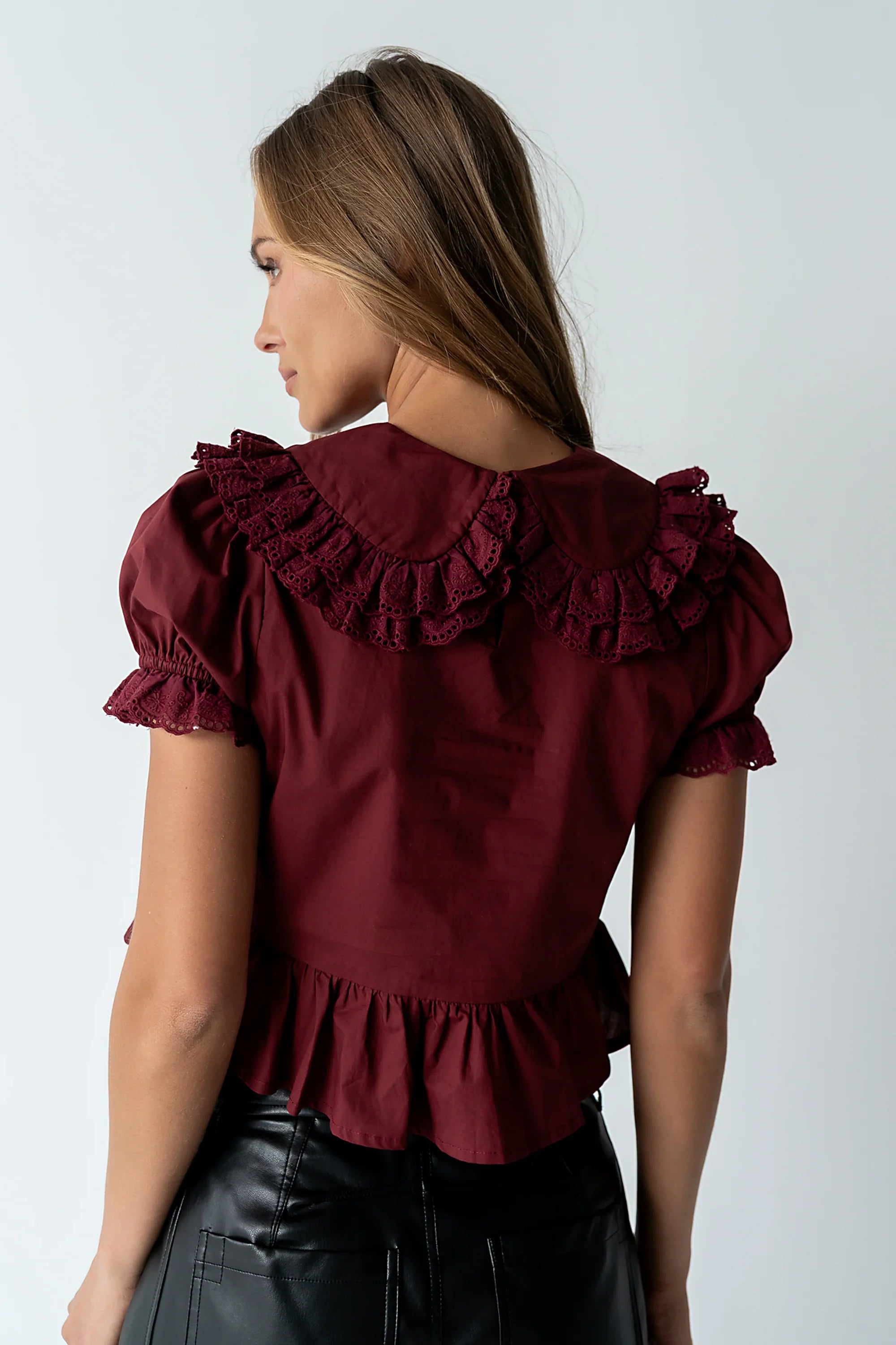 Chrissy Lace Trim Blouse in Burgundy