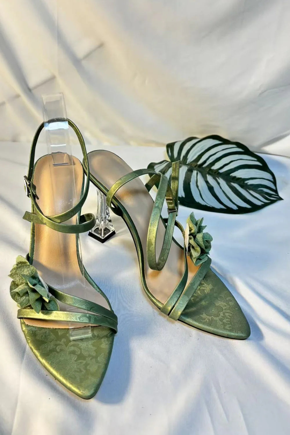 Eucalyptus Floral Stiletto High Heels Sandals with 3D Flower